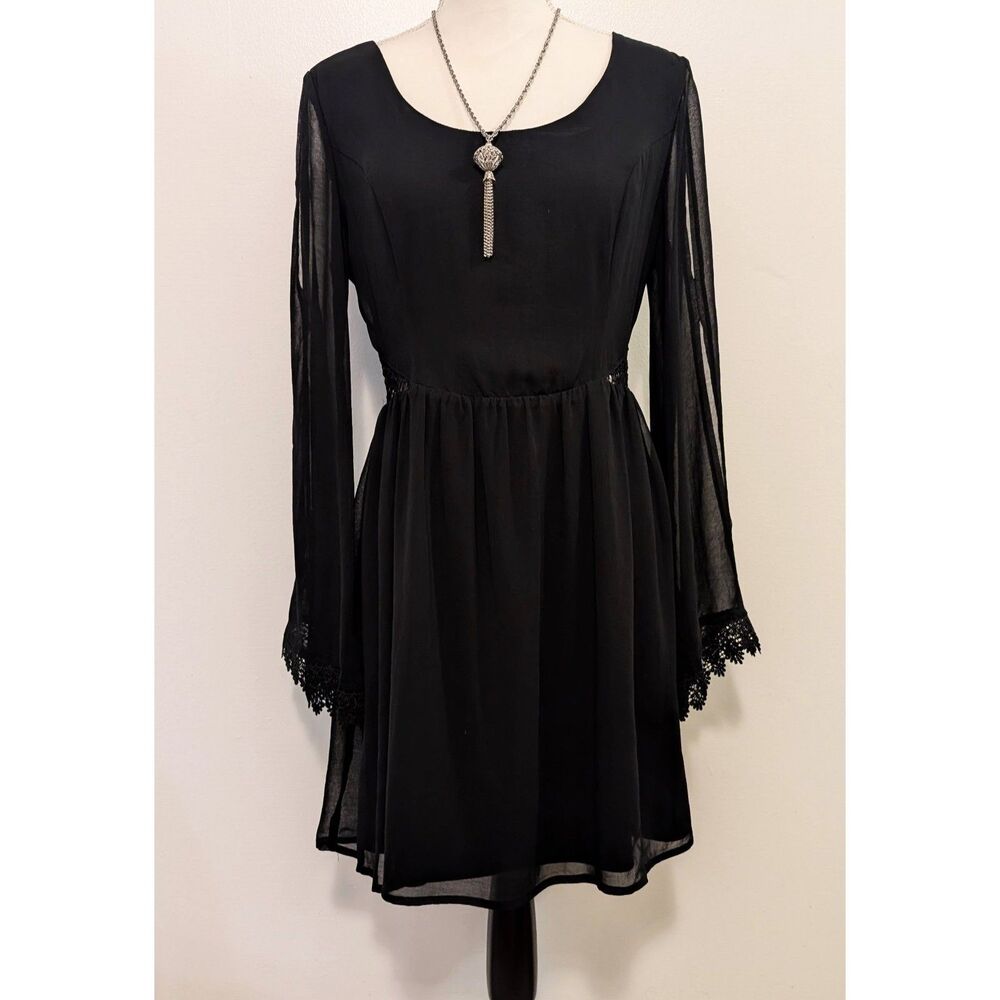 Doe & Rae black Chiffon Bell Sleeve Dress With Crochet Lace Cutouts